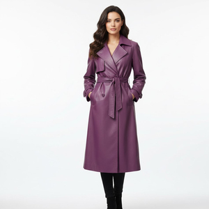 Elegant <b>Purple</b> Real Leather Windproof Breathable <b>Trench</b> <b>Coat</b> Long Length Turn-down Collar Zipper Closure Winter Unisex Outerwear - Product Image 1