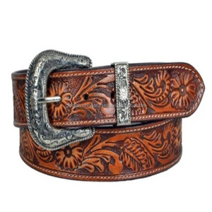 Unisex High Quality Full Grain Western <b>Leather</b> <b>Tooling</b> Belt with hand carved Floral embossed <b>Tooled</b> <b>Leather</b> Cowboy Belt - Product Image 2