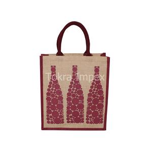 Elegante Bolsa de Yute con Estampado de Puntos de un Solo Color, Laminada en PP, con Soporte para Tres Botellas de Vino, Asa de Cuerda Acolchada, para Promociones - Product Image 1