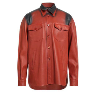 SALVA LEATHER Men's <b>Red</b> Leather Satin Breathable Workwear <b>Shirt</b> Long Sleeve Button-Up Turn-Down Collar Chest Pockets Regular Fit - Product Image 1