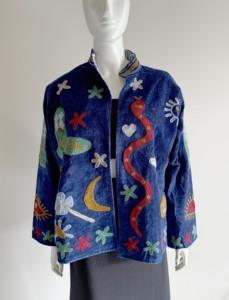 Floral Blue Embroidered Breathable <b>Velvet</b> Blazer Mandarin Collar Full Sleeve Handmade Cotton Lining Women's <b>Jacket</b> - Product Image 2