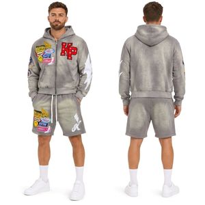Ensemble de survêtement rose en coton pour homme, 2 pièces, imprimé graphique, tenue décontractée streetwear avec capuche en polaire douce et short assorti - Product Image 4