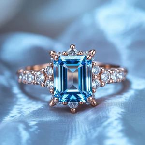 <b>Emerald</b> Cut 3 Carat Blue Topaz 925 Sterling <b>Silver</b> 14K Gold Plated Luxury Women Wedding Engagement <b>Ring</b> - Product Image 1