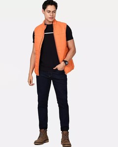 Men's Orange <b>Quilted</b> Puffer Vest Solid Color Windproof Polyester <b>Wadding</b> Stand Collar Zipper Closure Casual Autumn Wear - Product Image 3