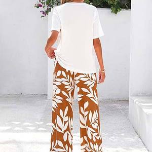 Ladies Summer Casual Daily Wear 2-Piece <b>Set</b> 2025 Short-Sleeved <b>Knit</b> Shirt Floral Print Belt Wide-Leg Pants Breathable Loose Fit - Product Image 2
