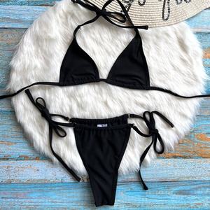 Women's Solid <b>Black</b> Two Piece Bikini Set Lace Up <b>String</b> Swimwear Tie Side Bottoms Stretch Spandex Nylon Swimsuits - Product Image 1