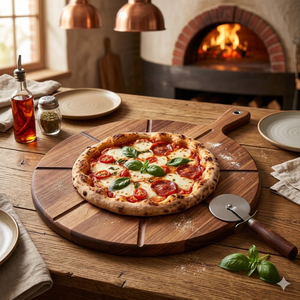 Tabla de cortar y servir pizza de madera de acacia vietnamita al por mayor con ranuras integradas para porciones y asas - Product Image 3