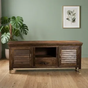 Meuble TV en bois avec placards de rangement, étagère ouverte et tiroir – Meuble de divertissement rustique pour salon - Product Image 6