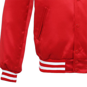Unisex Classic <b>Red</b> Satin Varsity Bomber Jacket Striped Ribbed Trim Snap Button Letterman Style Sporty Casual Geometric - Product Image 2