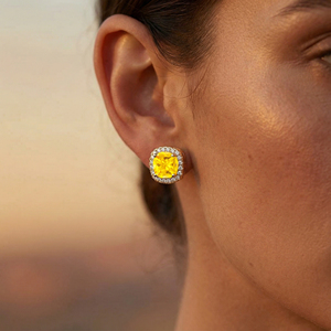Lab Yellow Sapphire Gemstone Diamond <b>Studs</b> <b>Earrings</b> With Natural Diamonds <b>Earrings</b> Rhodium Plated Cute Wedding Jewelry Gift - Product Image 2
