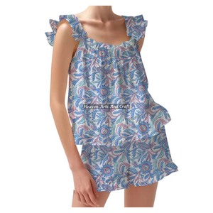 Fabric Women's Cotton Block Print Shorts Pajamas Loungewear Spring/Summer Floral Fitted Strappy Ruffle <b>Trim</b> Sleeves PJ Set - Product Image 4