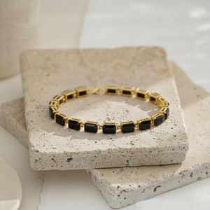 Emerald Cut Black Onyx Women's 925 Sterling <b>Silver</b> Gold Plated Luxury <b>Charm</b> Tennis Bracelet Handmade Fine Jewelry - Product Image 3