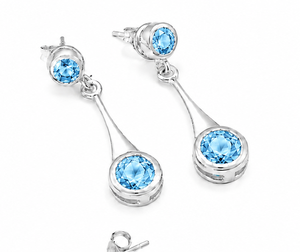 Boucles d'oreilles pendantes en argent sterling avec topaze bleue, boucles d'oreilles pendantes rondes en argent 925 avec topaze bleue, cadeau de pierre de naissance de décembre pour elle - Product Image 2