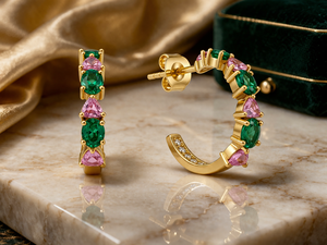 Pendientes de aro de plata de ley 925 con circonita cúbica, hechos a mano, con piedras preciosas y chapados en oro para mujer - Product Image 5