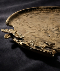 Luxury Artistic Cutout Rim Round <b>Gold</b> Metal Serving <b>Tray</b> Textured Platter <b>Coffee</b> <b>Table</b> Centerpiece Dish For Living Room Decor - Product Image 3