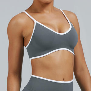 Soutien-gorge de sport côtelé pour femme, col rond, bordure contrastée, extensible, sans couture, pour yoga, fitness, entraînement, crop top - Product Image 1