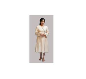 Robe Femme Col V Manches Longues Longueur Genou Coupe Évasée 100% Coton Respirant Ample Couleur Naturelle Printemps - Product Image 2