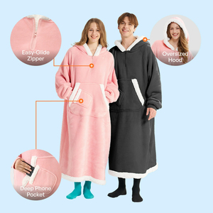 Oversized Wearable <b>Blanket</b> <b>Hooded</b> Sweatshirt Soft Sherpa Lined Solid Pullover Women Front Logo Cotton Blend Autumn Winter Spring - Product Image 3