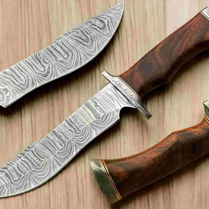 Cuchillo de Caza Personalizado Hecho a Mano con Hoja de Acero de Damasco de Grado Industrial de Alta Calidad, Espiga Recta, Borde Plano y Mango de Cuero OEM - Product Image 1