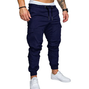 <b>Men's</b> Navy Blue Cargo Sweatpants Elastic Waist Drawstring Multiple Pockets Casual Style Midweight Polyester Autumn Wear - Product Image 1
