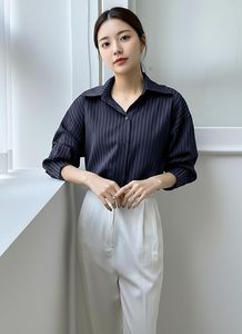 Camisa Casual de Manga Larga con Botones, Hombros Caídos y Rayas Verticales para Mujer y Niña - Product Image 2