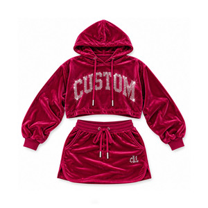 Trendy Fashion Velour Crop Hoodies Mini Skirt Set Custom Rhinestone Letter Women's Magenta Sporty <b>Velvet</b> <b>Tracksuit</b> Manufacturer - Product Image 4