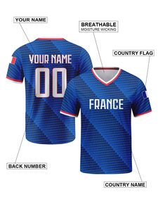 Camiseta de Fútbol de Francia para Fanáticos del Fútbol, Cuello en V, Nombre y Número Personalizados, Sublimada, Transpirable, de Poliéster, Manga Corta, para Adultos, Todas las Temporadas - Product Image 3