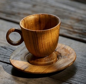 แก้วกาแฟไม้ทรงกลมพร้อมจานรอง แก้วน้ำคู่รัก แก้วนมไม้ ทำจากไม้กระถินเทศ ดีไซน์สร้างสรรค์ ยอดนิยม - Product Image 1