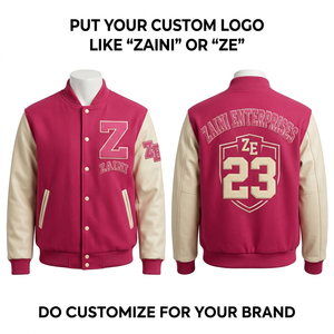 Veste de baseball en laine mélangée 450 GSM, corps rose, manches en simili cuir crème, broderie de logo personnalisée - Product Image 1