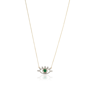 Unique Latest Design Round Cut <b>Emerald</b> & Diamond Evil Eye <b>Pendant</b> Necklace Pure 14K Yellow Gold Customized Gemstone Jewelry - Product Image 1