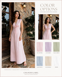 Robe longue rose personnalisée en coton et lin, sans manches, col en V, à nouer devant, pour femme, élégante, style bohème, évasée, pour l'été et la plage, vente en gros B2B - Product Image 5