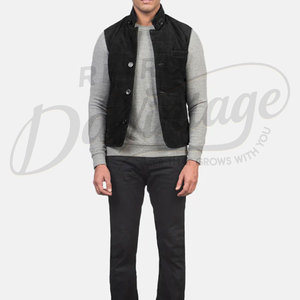 Chaleco acolchado de gamuza negra premium para hombre, con botones, cuello alto, sin mangas, corte ajustado, para invierno. - Product Image 1