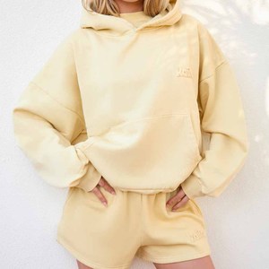 Ensemble sweat-shirt à capuche jaune et short pour femme, coupe ample, décontracté, en polaire, 2 pièces, tenue printemps-été - Product Image 5