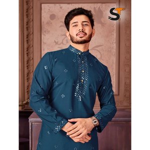 RICH LOOK SECUENCIA DE BORDADO DE SECUENCIA TRABAJO HOMBRE KURTA PIJAMA SKY - Product Image 5