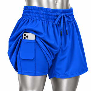 <b>Women's</b> <b>Blue</b> High Waist Loose Skorts Elastic Drawstring Side Pocket <b>Shorts</b> fitness <b>shorts</b> Seamless training <b>shorts</b> - Product Image 1