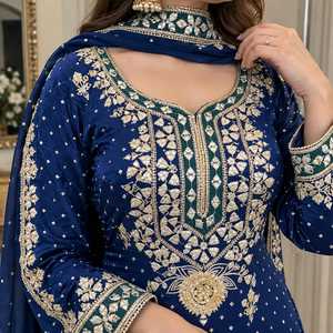 Royal Blue <b>Red</b> Indian Long Sharara <b>Suit</b> Set Women Intricate Mirror Embroidery Embellished Straight Kurta Flared Palazzo Pant - Product Image 5