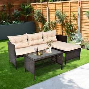 3-Piece Outdoor PE Rattan Furniture Set Patio Black Wicker Conversation Loveseat Sofa Sectional Couch Khaki Cushion Garden Sofas - Product Image 2