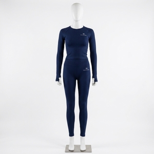 <b>Women</b> <b>Navy</b> Blue Ribbed Long Sleeve <b>Top</b> High Waist Leggings Yoga Set Gym Fitness Workout Activewear - Product Image 3