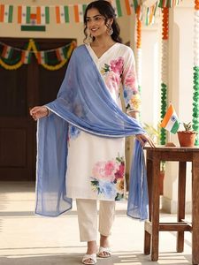 Women's <b>Linen</b> Floral Printed Straight Kurta & Pant With Dupatta Set - Product Image 1