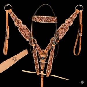 Cabezada y Pechopetral Western Arrow Turquesa: Trenzado de cuero crudo, Tachuelas de cobre - Product Image 3