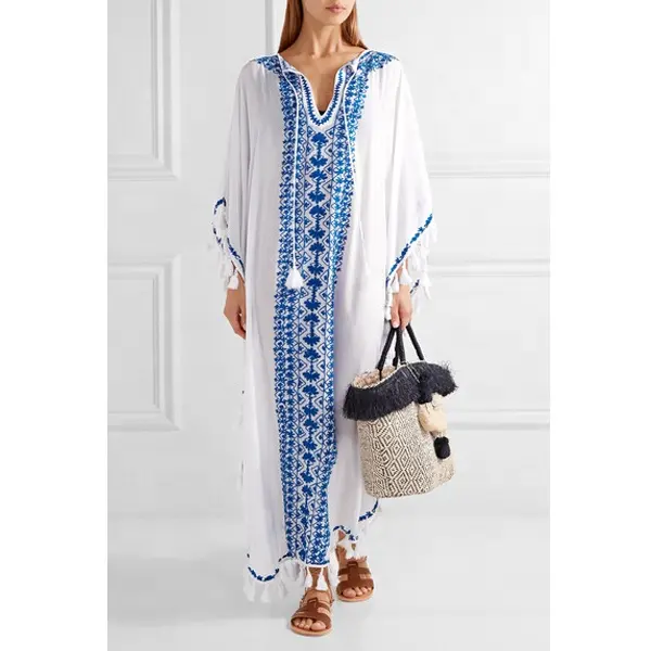 Пляжная накидка-бикини в богемном стиле, длинный кафтан из вискозы, с яркой синей вышивкой, кисточками и бахромой на подоле, в стиле 60-х