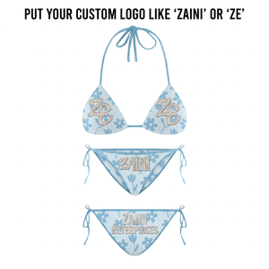 Premium 220 GSM Polyester Spandex Women <b>Bikini</b> <b>Set</b> Light Blue Floral Print <b>Triangle</b> Tie Side Swimwear Embroidered Logo - Product Image 1