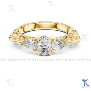 Anillo de Compromiso de Diamante CVD Cultivado en Laboratorio con 3 Piedras, Corte Oval y Pera, Oro Sólido - Product Image 1