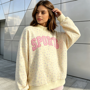 Nueva Sudadera Oversize para Mujer con Cuello Alto, Estampado Floral, Letras Rosas, Estilo Deportivo, 100% Algodón Tejido, Manga Larga, Estilo Otoñal - Product Image 3