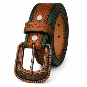 Cinturón Vaquero Occidental de Cuero Genuino con Grabado Floral y Borde Verde Cobre, Hecho a Mano, Vintage, Unisex, Ecológico, Duradero, Casual - Product Image 2