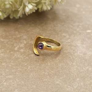 Celestial Amethyst Crescent Moon <b>Ring</b> 14K Gold Plated Brass <b>Adjustable</b> Boho & Hippie Unisex Daily Wear Jewelry - Product Image 3
