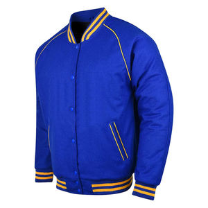 Men's Blue Varsity Jacket With Yellow Trim Regular Fit Casual Baseball Style Bomber <b>Coat</b> Solid Color Polyester Material - Product Image 5