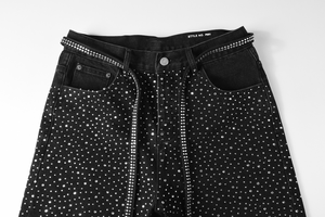 Custom Summer Vintage Acid Wash Canvas Solid High Waist Drawstring Shorts Streetwear Rhinestones Crystal Distress Casual Pearls - Product Image 5