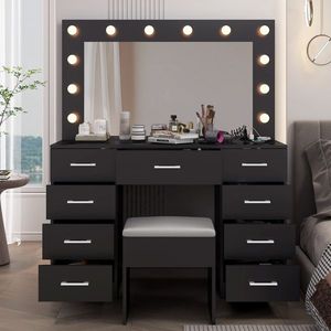 Large Lighted 12 LED Mirror Makeup Vanity Desk Set with 9 Drawers Glass Top Vanity Table with Power Outlet - Product Image 2