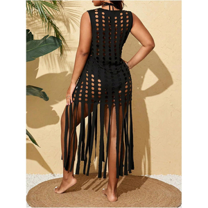 Traje de baño de talla grande para mujer, corte regular, sin mangas, con flecos huecos, midi, sexy, con cuello halter, ecológico, para playa, con cintura elástica - Product Image 5